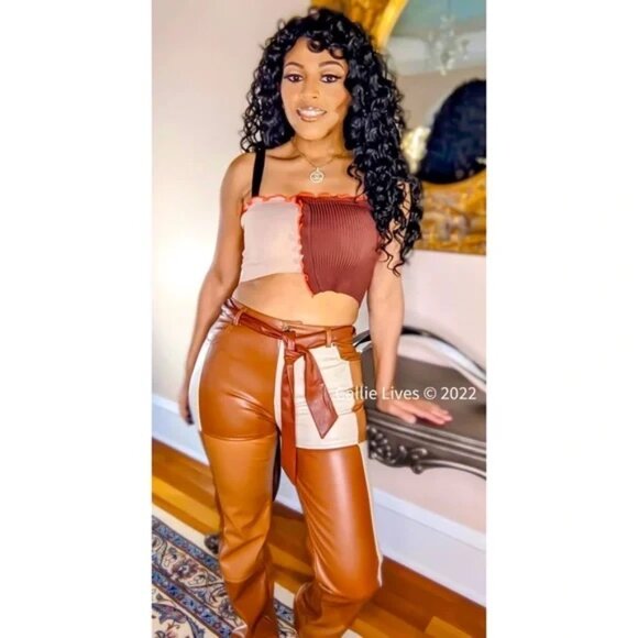 Callie Lives Contrast: Rehab Lab Vegan Slacks Colorblock Leather Pants Small - Picture 2 of 16